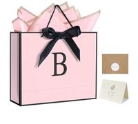QLSKO Bolsa de papel personalizada con inicial para parrillas de mujer, bolsa de regalo con monograma con cinta de lazo, pañuelo de envoltura y calcomanía de sobre a juego (rosa, B-M)