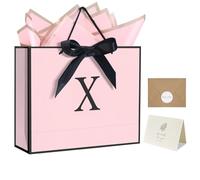 QLSKO Bolsa de papel personalizada con inicial para parrillas de mujer, bolsa de regalo con monograma con cinta de lazo, pañuelo de envoltura y calcomanía de sobre a juego (rosa, X-M)