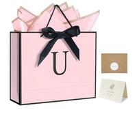 QLSKO Bolsa de papel personalizada con inicial para parrillas de mujer, bolsa de regalo con monograma con cinta de lazo, pañuelo de envoltura y calcomanía de sobre a juego (rosa, U-M)