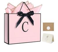 QLSKO Bolsa de papel personalizada con inicial para parrillas de mujer, bolsa de regalo con monograma con cinta de lazo, pañuelo de envoltura y calcomanía de sobre a juego (rosa, C-M)