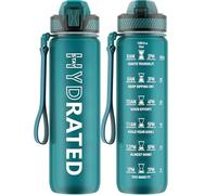 QLUR Botella de agua, 1 L, sin BPA, botella de agua tritán con pajita, botella deportiva a prueba de fugas con marcador de tiempo y cepillo, botella deportiva para fitness, yoga, lago verde (1 botella