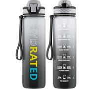 QLUR Botella de agua con popote, botellas de agua motivacionales de 32 onzas con marcador de tiempo para beber, Tritan sin BPA, botella de agua deportiva de 1 litro con correa de transporte a prueba