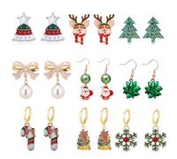 QLUYCKW Juego de 9 pares de aretes de Navidad para mujer, bonitos copos de nieve, Papá Noel, campanas de lazo, árboles de Navidad, pan de jengibre, aretes de hombre, joyería de moda, M, Acero aleado