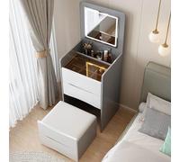 QLYFWLKQ Escritorio de tocador con espejo abatible y luz LED, mesa de tocador con 3 cajones, tocador de maquillaje con taburete acolchado para dormitorio (gris, 40 x 40 x 82 cm)