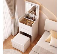 QLYFWLKQ Escritorio de tocador con espejo abatible y luz LED, mesa de tocador con 3 cajones, tocador de maquillaje con taburete acolchado para dormitorio (blanco, 40 x 40 x 82 cm)
