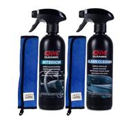 QM Cleaner Kit Limpieza Interior Vehiculo Limpia Salpicadero, Plastico, Cristales y Pantalla, efecto satinado | Incluye Limpia salpicaderos(500ml), Limpia Cristales/Pantallas(500ml) y 2 paños extra