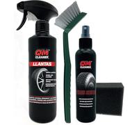 QM Cleaner Kit Limpieza y brillo de Llantas y Neumáticos para Coche | Incluye 500ml Limpia Llantas, 200ml Abrillantador de neumáticos, Cepillo y Esponja Kit completo Automovil