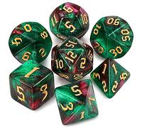 QMAY Juego de dados de dados DND - 7 piezas para Dungeon y Dragons MTG RPG D&D D20, D12, D10, D%, D8, D6, D4 (verde y rojo + brillo)