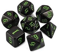 QMAY Juego de dados DND Dados Poliédricos - 7 piezas para Dungeon y Dragons MTG RPG D&D D20, D12, D10, D%, D8, D6, D4 (negro + texto verde)