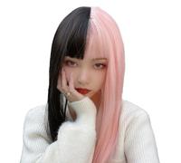 QmEna Cabeza Yin-Yang con Cabello Largo y Liso, Peluca Femenina Cosplay, Capucha Yin-Yang Bicolor Negra y Rosa, Flequillo cómico con Cabello Liso hasta la Cintura