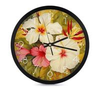 QMNALP Reloj de pared grande con números silenciosos y sin garrapatas, diseño de flores de hibisco blanco, para decoración de sala de estar, funciona con pilas, bonita esfera de fácil lectura