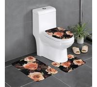 QMNSEHF Juego de 3 alfombras de baño con diseño de rosas durazno negras y absorbentes y alfombrilla de contorno en forma de U, cubierta de tapa de inodoro, alfombras de baño antideslizantes para baño
