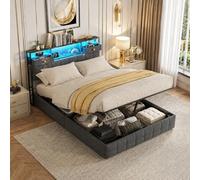 QMTXBYJ - Cama con maletero de 140 x 200 cm con iluminación LED y USB, cama doble con estantes abiertos e hidráulicos para almacenamiento, cabecero tapizado con 2 cajones, cama de matrimonio con