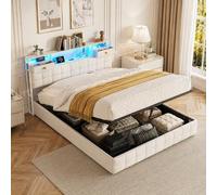 QMTXBYJ - Cama con maletero de 160 x 200 cm con iluminación LED y USB, cama doble con estantes abiertos e hidráulicos para almacenamiento, cabecero tapizado con 2 cajones, cama de matrimonio con