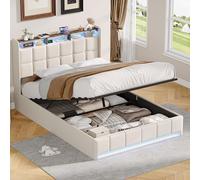 QMTXBYJ - Cama de 140 x 190 cm, con iluminación LED y toma USB, cama doble acolchada con almacenamiento hidráulico y cabecera, marco de cama para 2 personas con somier de láminas, sin colchón, lino