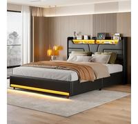 QMTXBYJ Cama de 140 x 190 cm con LED, cabecero con compartimento de almacenamiento y función de carga USB, cama de almacenamiento hidráulica, cama doble con espacio de almacenamiento y somier, espacio