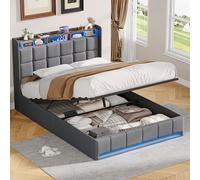 QMTXBYJ Cama doble tapizada de 140 x 190 cm, cama doble LED con espacio de almacenamiento y somier, cama de 140 x 190 cm con cabecero de almacenamiento y USB, cama para jóvenes hidráulica, lino, gris