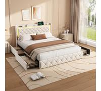 QMTXBYJ Cama doble tapizada de 140 x 190 cm, marco de cama doble con 4 cajones, cabecero de almacenamiento e iluminación LED, función de carga USB, cama doble juvenil 140 x 190 cm, con espacio de