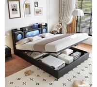 QMTXBYJ Cama doble tapizada de 140 x 200, cama doble con espacio de almacenamiento, cabecero de cama LED con USB tipo C y compartimento de almacenamiento, cama juvenil de 140 x 200 cm con somier