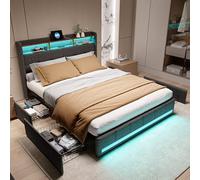 QMTXBYJ Cama doble tapizada de 140 x 200 cm, cama doble LED con 4 cajones y somier, cama de 140 x 200 cm con cabecero de almacenamiento y función de carga USB, estructura de cama de almacenamiento