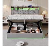 QMTXBYJ Cama doble tapizada de 140 x 200 cm, con espacio de almacenamiento hidráulico con iluminación LED, cama juvenil con USB y conectores tipo C, cama de 140 x 200 cm, con cabecero de