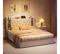 QMTXBYJ Cama doble tapizada de 140 x 200 cm, con espacio de almacenamiento hidráulico con iluminación LED, cama juvenil con 2 USB y carga inalámbrica, cama de 140 x 200 cm, con cabecero de