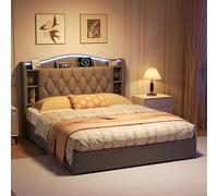 QMTXBYJ Cama doble tapizada de 140 x 200 cm, con espacio de almacenamiento hidráulico con iluminación LED, cama juvenil con 2 USB y carga inalámbrica, cama de 140 x 200 cm, con cabecero de