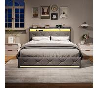 QMTXBYJ Cama doble tapizada de 140 x 200 cm con iluminación LED y USB, cama doble con espacio de almacenamiento, cabecero y espacio de almacenamiento hidráulico, estructura de cama de 140 x 200 cm