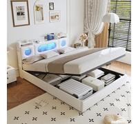 QMTXBYJ Cama doble tapizada de 160 x 200 cm, cama doble con espacio de almacenamiento, cabecero de cama LED con USB tipo C y compartimento de almacenamiento, cama juvenil de 160 x 200 cm con somier