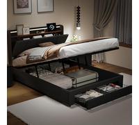 QMTXBYJ Cama Matrimonio 140x190 cm con Carga USB y Cabecero LED,Camas Matrimoniales con Almacenamiento Hidráulico y 2 cajones,Cama Tapizada 140x190, Camas Juveniles Cama Doble con Somier,Sin Colchon