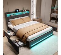 QMTXBYJ Cama Matrimonio 140x200, Cama 140x200 con cabecero LED y Carga USB, Camas Juvenils con 4 cajones y Cabecero de Almacenamiento, Cama Doble Camas Matrimoniales, Cama Tapizada con Somier,Lino