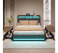 QMTXBYJ Cama Matrimonio 160x200, Cama 160x200 con cabecero LED y Carga USB, Camas Juvenils con 4 cajones y Cabecero de Almacenamiento, Cama Doble Camas Matrimoniales, Cama Tapizada con Somier,Lino