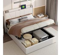 QMTXBYJ Cama Matrimonio Cama 140x200, Camas Tapizada Cama Juvenil con Almacenamiento Hidráulico y Carga USB, Camas Matrimoniales, Camas Juveniles Cama Doble con Cabecero Ajustable y Somier,Lino