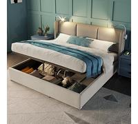 QMTXBYJ Cama Matrimonio Cama 160x200 cm con Carga USB y Cabecero LED,Camas Matrimoniales con Almacenamiento Hidráulico,Cama Tapizada 160x200, Camas Juveniles Cama Doble con Somier,Sin Colchon,Lino