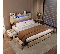 QMTXBYJ - Cama tapizada 140 x 190 cm, cama doble con LED, 4 cajones y somier, cabecero con espacio de almacenamiento y función de carga USB, cama con somier 140x190, cama juvenil con almacenamiento y