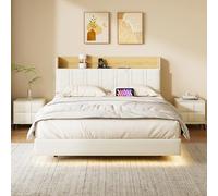 QMTXBYJ Cama tapizada 140 x 200 cm, marco de cama flotante de PU con luces LED y tomas USB, cama 140x200 con espacio de almacenamiento, marco de cama flotante, cama doble moderna de 140x200 con somier
