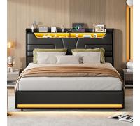 QMTXBYJ Cama Tapizada 140x190, Cama Matrimonio Cama 140x190 cm con Carga USB y Cabecero LED,Camas Matrimoniales con Almacenamiento Hidráulico,Camas Juveniles Cama Doble con Somier,Sin Colchon,PU