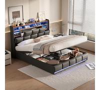 QMTXBYJ Cama Tapizada 140x190, Cama Matrimonio Cama 140x190 cm con Carga USB y Cabecero LED,Camas Matrimoniales con Almacenamiento Hidráulico,Camas Juveniles Cama Doble con Somier,Sin Colchon,PU