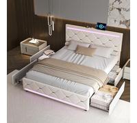QMTXBYJ Cama Tapizada 140x190 cm, Cama Matrimonio Camas Juvenils, LED Cabecero con Carga USB, Camas Matrimoniales con 4 cajones, Estructura Camas Doble con Lamas, Sin Colchón, Terciopelo