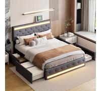 QMTXBYJ Cama Tapizada 140x190 cm,Camas Matrimoniales Cama Juvenil, LED Cabecero con Carga USB, Cama Matrimonio con 4 cajones, Estructura Cama Doble con Lamas, Sin Colchón, Lino