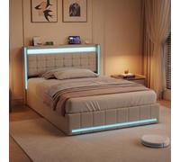 QMTXBYJ Cama Tapizada 140x190 cm,Camas Matrimoniales Cama Juvenil, LED Cabecero con Carga USB, Cama Matrimonio con 4 cajones, Estructura Cama Doble con Lamas, Sin Colchón, Lino