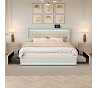 QMTXBYJ Cama Tapizada 140x190 cm,Camas Matrimoniales Cama Juvenil, LED Cabecero con Carga USB, Cama Matrimonio con 4 cajones, Estructura Cama Doble con Lamas, Sin Colchón, Lino