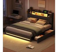 QMTXBYJ - Cama tapizada 140x190 cm, con cabecera LED y función de carga USB, cama doble LED con 4 cajones y somier, cama doble 140x190 con somier, cama con espacio de almacenamiento para adultos y