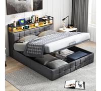 QMTXBYJ Cama Tapizada 140x200, Cama Matrimonio 140x200 cm con Carga USB y Cabecero LED,Camas Matrimoniales con Almacenamiento Hidráulico,Camas Juveniles Cama Doble con Somier,Sin Colchon,Lino