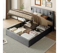 QMTXBYJ Cama Tapizada 140x200, Camas Matrimoniales,Cama Juvenil con Almacenamiento Hidráulico,Cabecero con y Luz de Lectura, Cama Doble,Cama Matrimonio 140x200 con Somier,Terciopelo