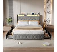 QMTXBYJ Cama Tapizada 140x200 cm, Cama Matrimonio Cama Juvenil, LED Cabecero con Carga USB, Camas Matrimoniales con 4 cajones, Estructura Camas Doble con Lamas, Sin Colchón,Terciopelo