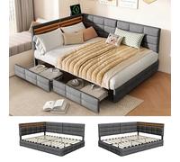 QMTXBYJ Cama Tapizada 140x200 con LED y USB, Cama Infantil Camas Individuales, Cama 140x200 con 2 Cajones y Cabecero Almacenaje, Camas Juveniles con Somier de Láminas,Sin Colchón, Lino, Gris