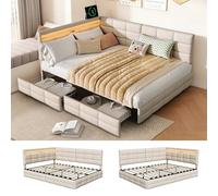 QMTXBYJ Cama Tapizada 140x200 con LED y USB, Cama Infantil Camas Individuales, Cama 140x200 con 2 Cajones y Cabecero Almacenaje, Camas Juveniles con Somier de Láminas,Sin Colchón, Lino,Beige