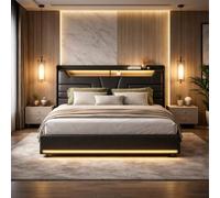 QMTXBYJ Cama Tapizada 160x200 cm, Cama Matrimonio Cama 160x200 con Carga USB y Cabecero LED,Camas Matrimoniales con Almacenamiento Hidráulico,Camas Juveniles Cama Doble con Somier,Sin Colchon,PU