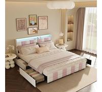 QMTXBYJ Cama Tapizada 160x200 cm, Cama Matrimonio Camas Juvenils, LED Cabecero con Carga USB, Camas Matrimoniales con 4 cajones, Estructura Cama Doble con Lamas, Sin Colchón, Terciopelo